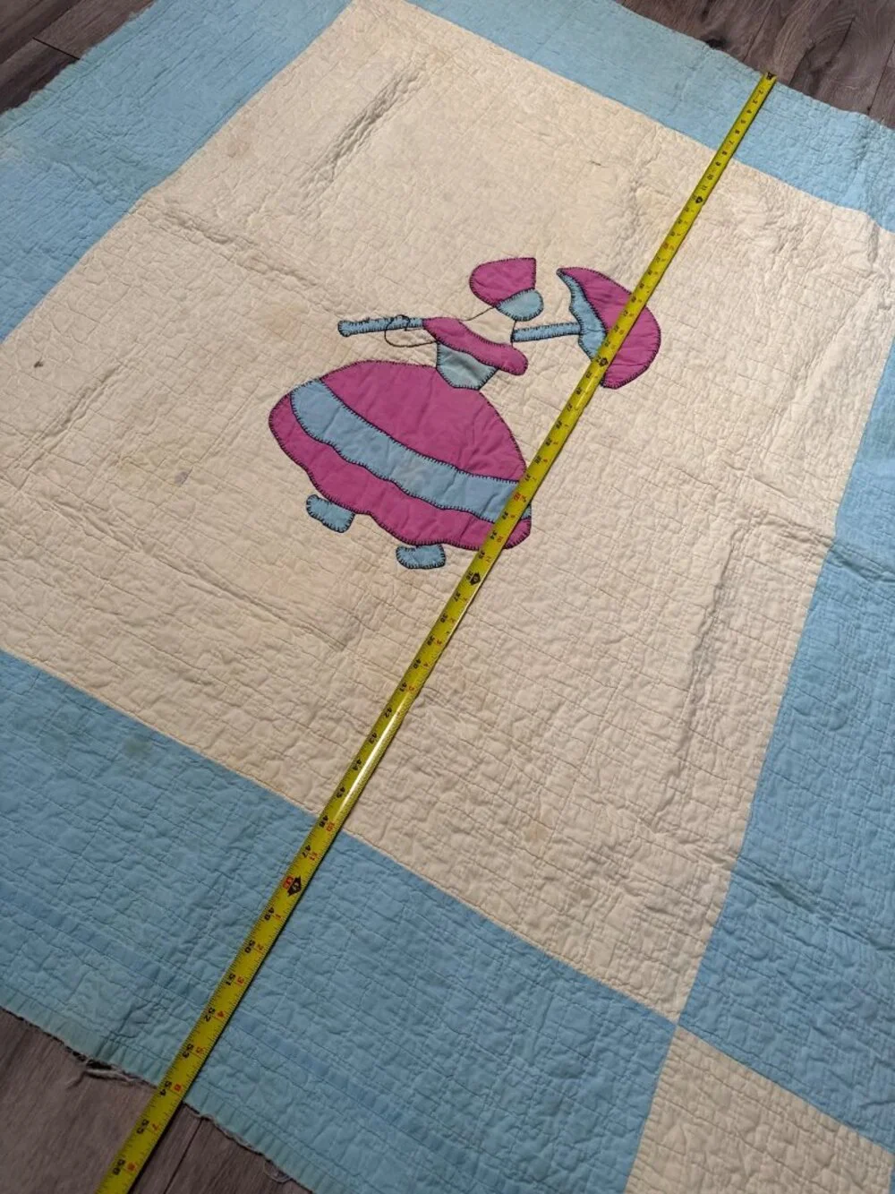 Vintage Quilt Southern Belle Sunbonnet Sue Appliqué Pink Blue Cream Approx. 47